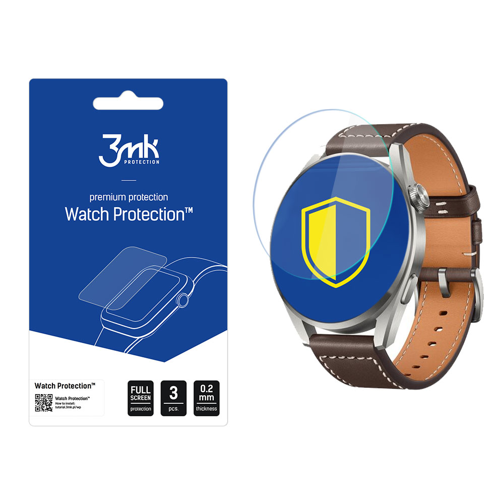 L'immagine mostra uno smartwatch con una protezione per lo schermo e la sua confezione. La protezione per lo schermo ha un'icona a scudo. La confezione elenca i dettagli di protezione.
