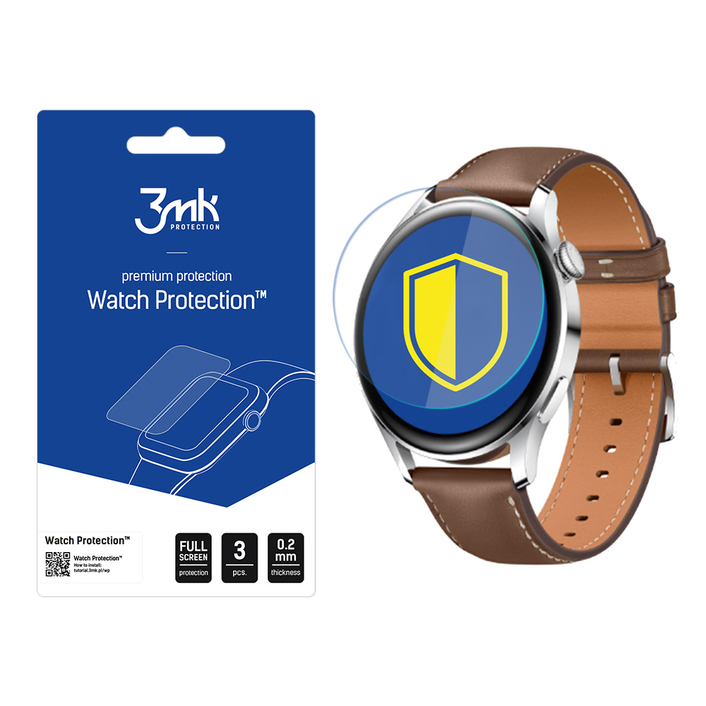 L'immagine mostra un orologio con cinturino in pelle marrone, una protezione per lo schermo e una confezione con testo e loghi.
