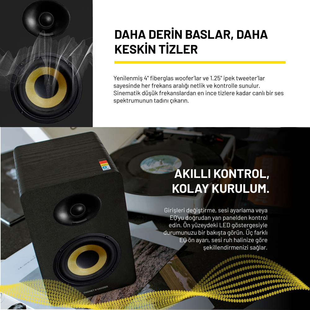 Sarı detaylara sahip bir hoparlör ve bir plak çalar. Metin: Daha derin bas, daha keskin tiz. Akıllı kontrol, kolay kurulum.
