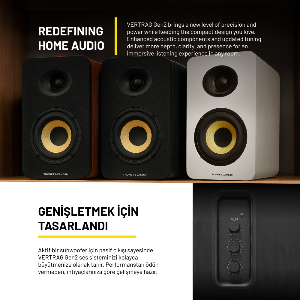 Üç hoparlör: siyah, kahverengi ve beyaz. Sarı hoparlör konileri. Metin: REDEFINING HOME AUDIO, GENİŞLETMEK İÇİN TASARLANDI.