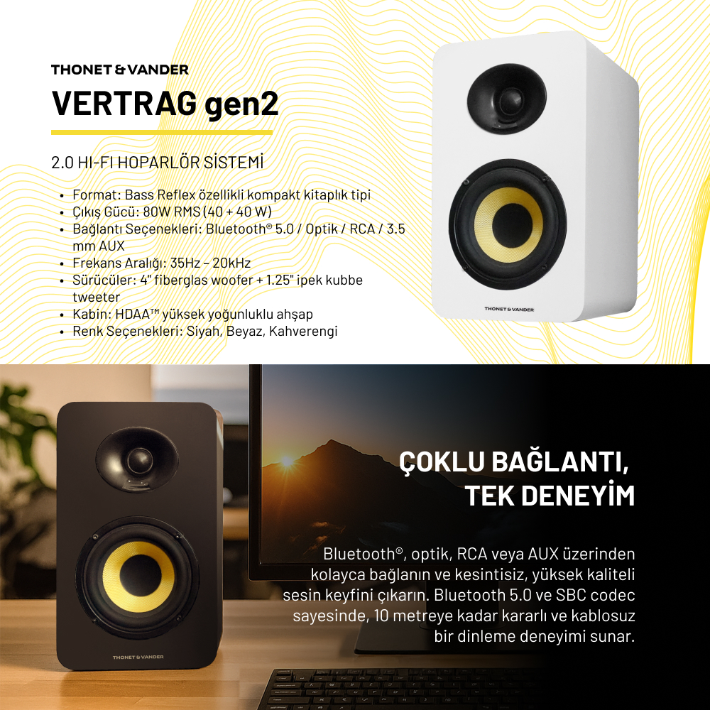 Görüntü, sarı hoparlör konilerine sahip iki hoparlör gösteriyor, biri siyah diğeri beyaz. Metin, hoparlörlerin özelliklerini ve bağlantı seçeneklerini ayrıntılarıyla anlatıyor.