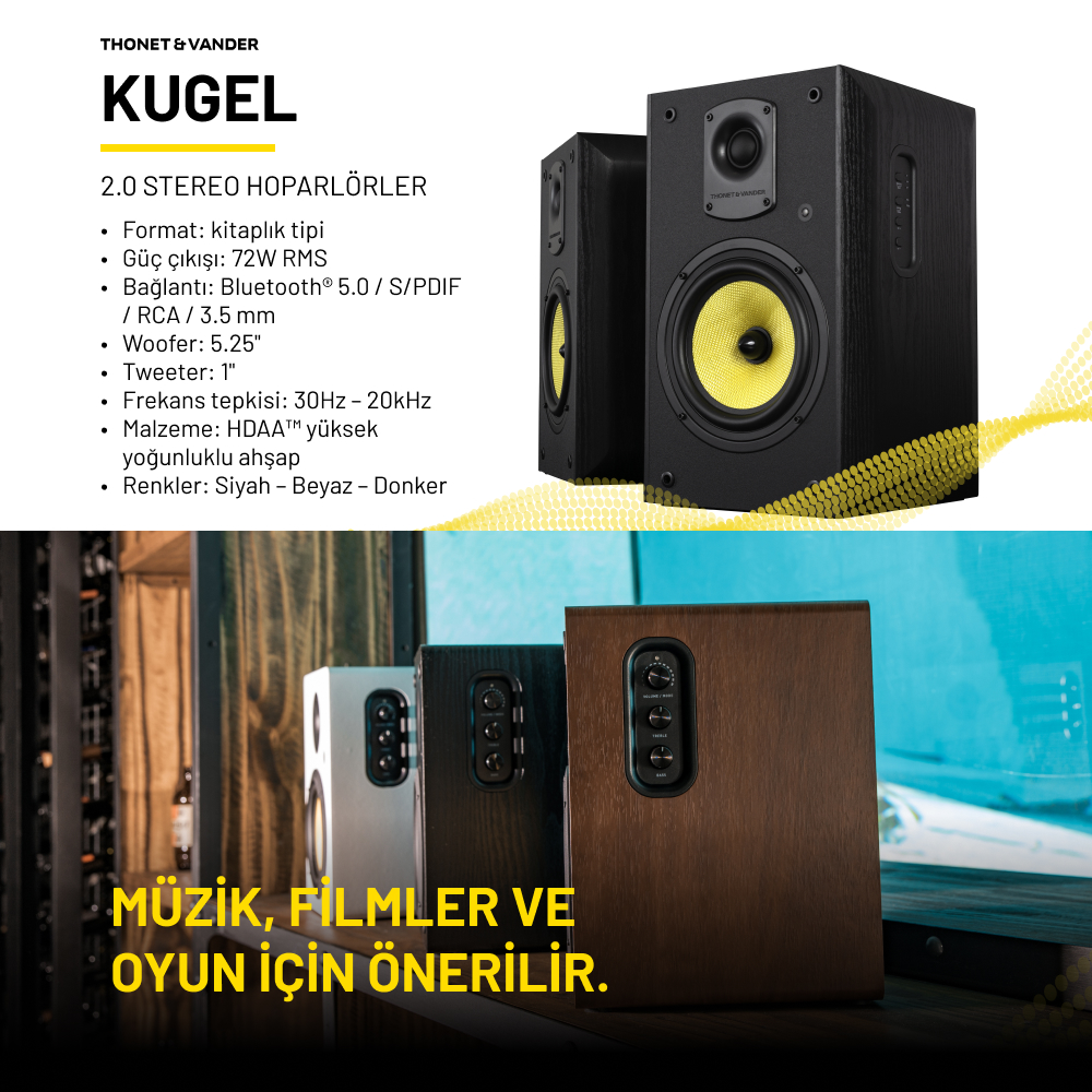 Sarı merkezli siyah ve ahşap hoparlörler. Metin hoparlörleri tanımlar ve 'Müzik, filmler ve oyunlar için önerilir' der.