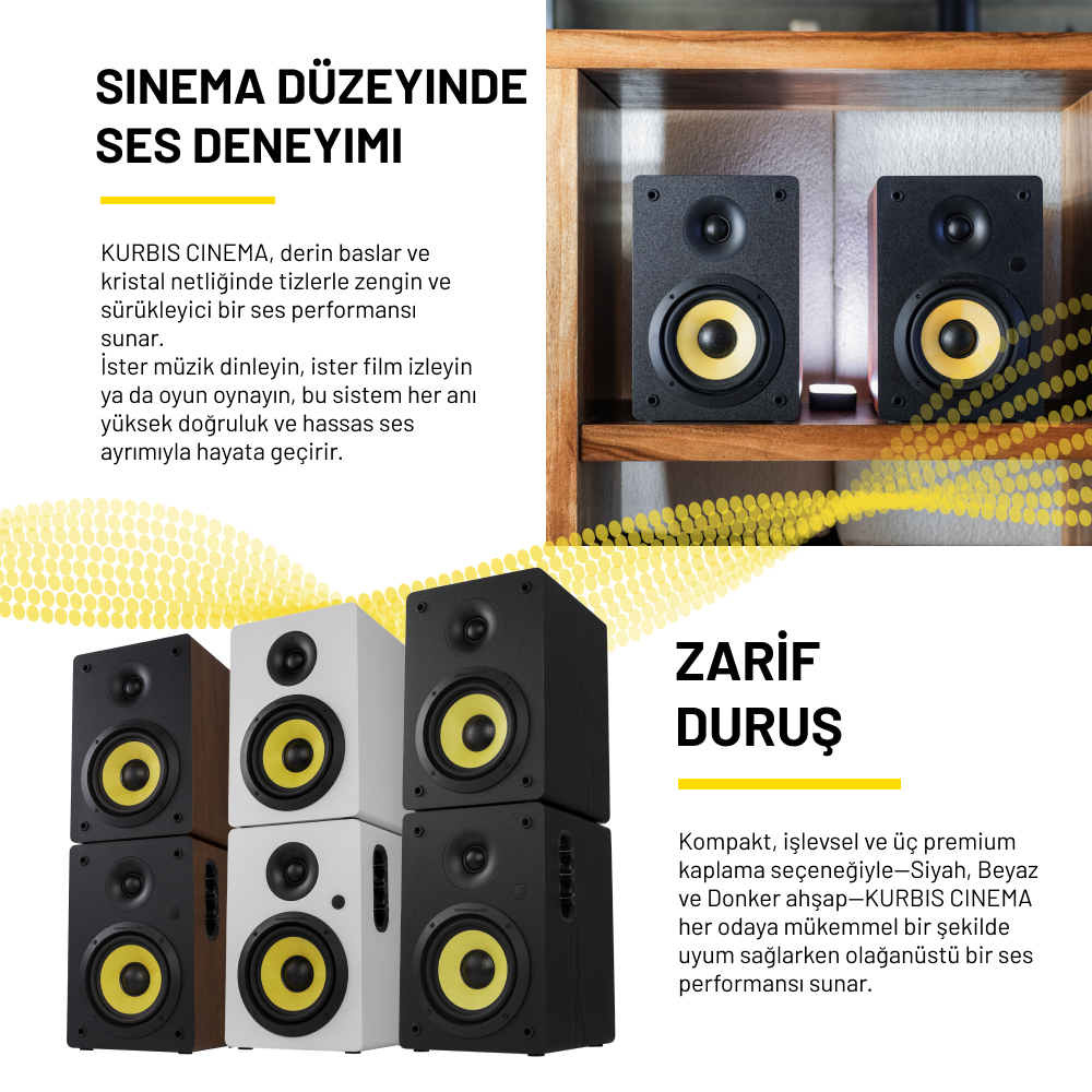 Görsel, sarı merkezlere sahip siyah ve beyaz hoparlörleri gösteriyor. Metin, ses deneyimini, zarif tasarımı ve seçenekleri açıklıyor.
