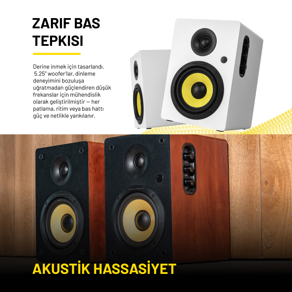İki hoparlör seti. Üstte sarı merkezli beyaz hoparlörler, altta ahşap hoparlörler. Metinde 'Akustik Hassasiyet' yazıyor.