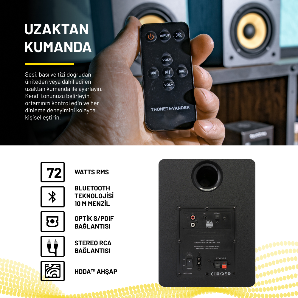 El, bir hoparlör sistemi için bir uzaktan kumanda tutuyor. Bluetooth, optik ve RCA bağlantıları ve ahşap tasarım içerir.