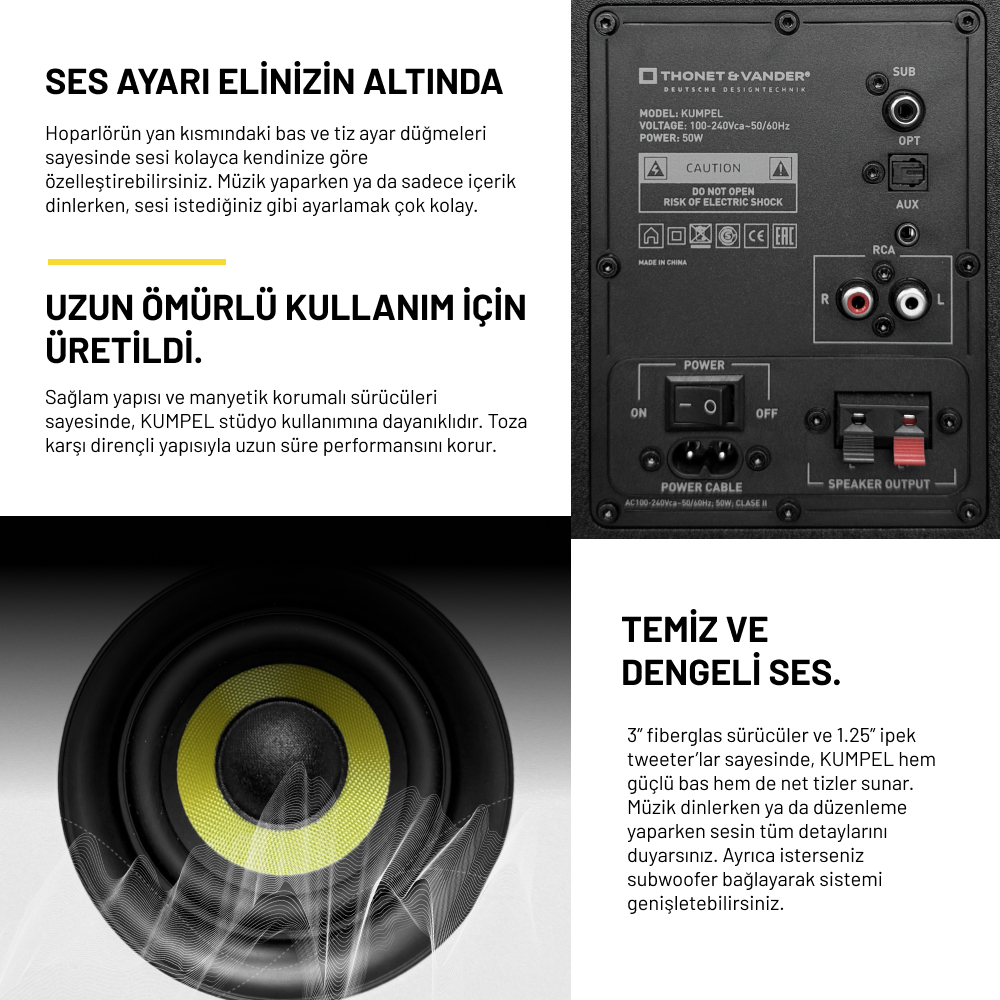 Sarı merkezli ve metinli siyah hoparlör. Girişler ve güç anahtarıyla arka paneli gösterir.