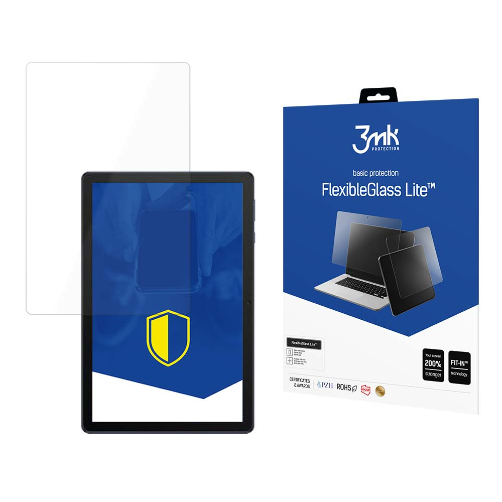 Un tablet con protezione schermo, una confezione del prodotto con la scritta FlexibleGlass Lite e una protezione schermo trasparente.