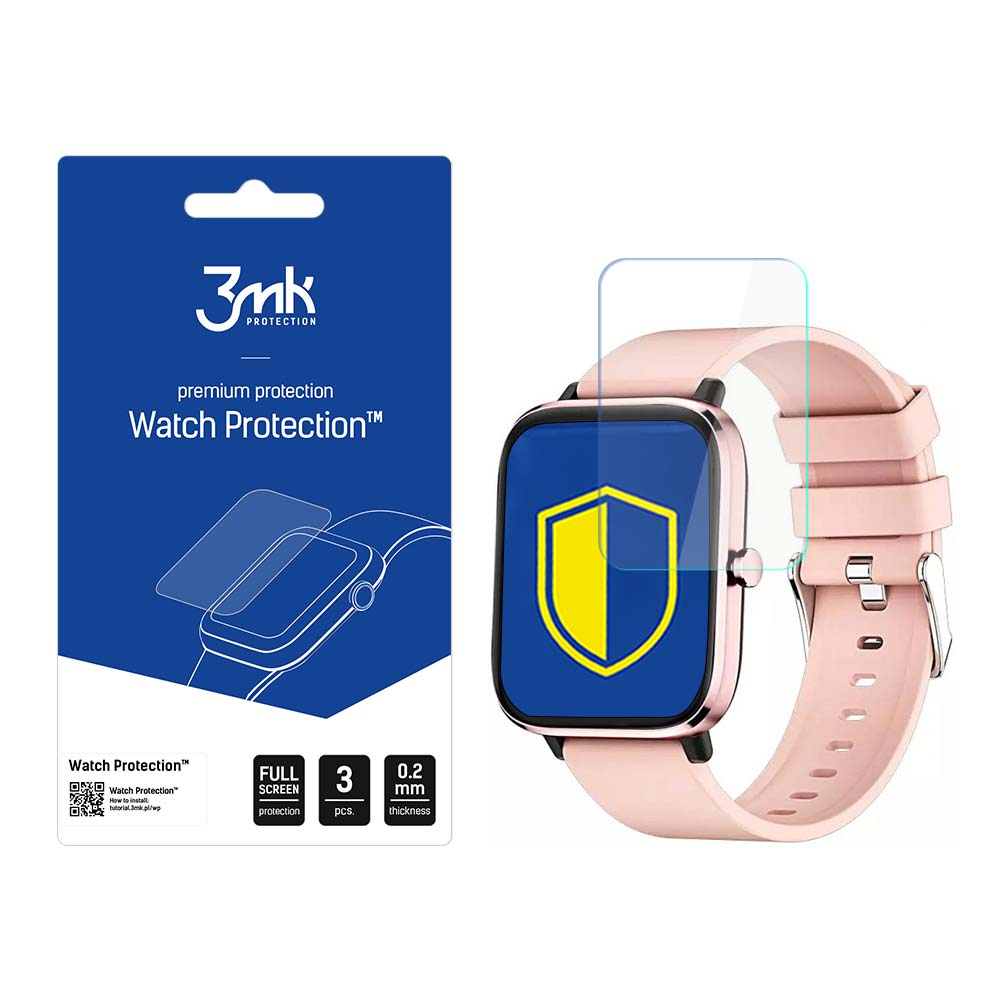 Uno smartwatch con protezione schermo, confezione blu e bianca con testo e logo scudo.