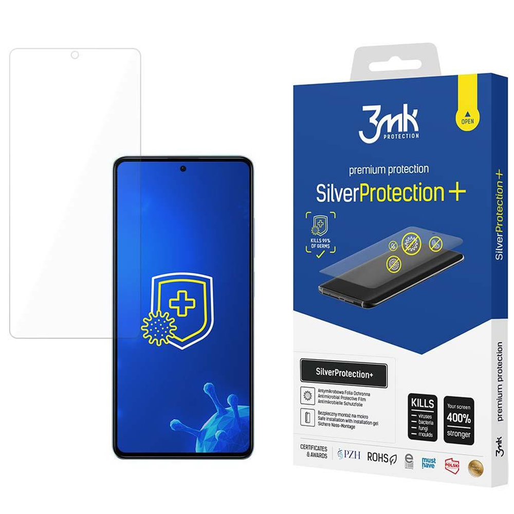 Pudełko ochronne na ekran telefonu i ekran telefonu. Na pudełku napis Silver Protection+, a na ekranie znak plus w tarczy.