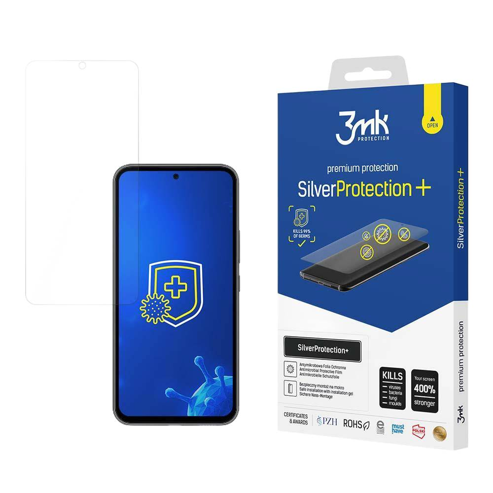 Pudełko z ochraniaczem ekranu telefonu. Widnieje na nim napis 'SilverProtection+' ze zdjęciem telefonu i tarczą ze znakiem plus.