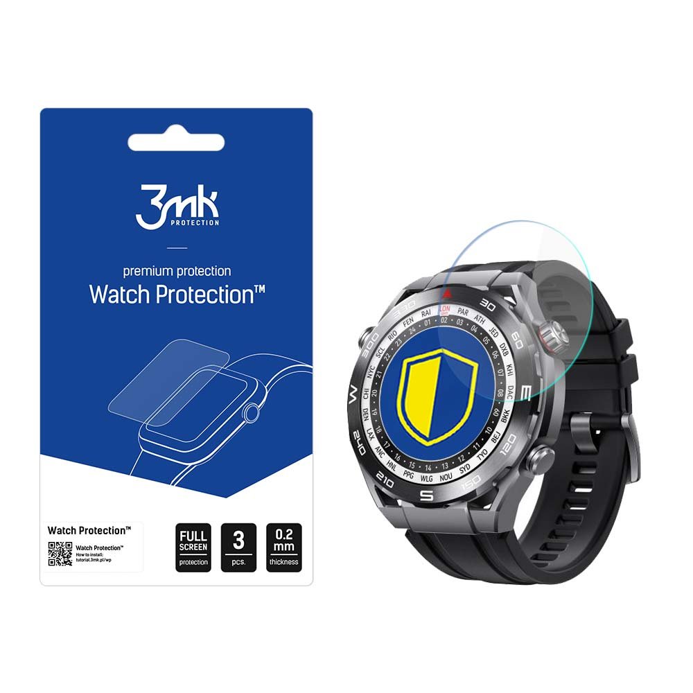 Uno smartwatch con una protezione per lo schermo e la sua confezione. L'orologio ha un cinturino nero e un quadrante blu e giallo.