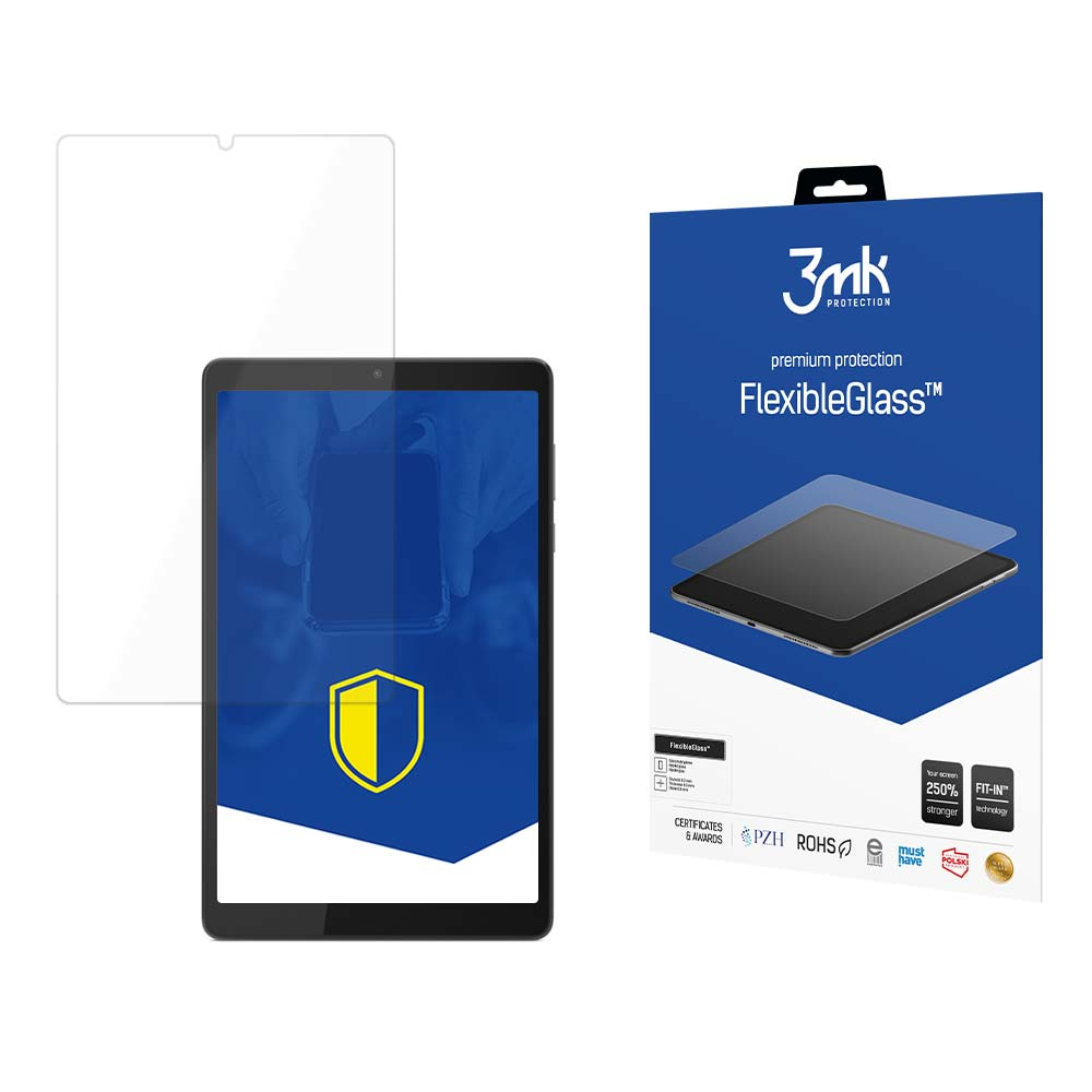 Una tableta con protector de pantalla, una caja con el mismo protector y una caja azul con detalles del producto.