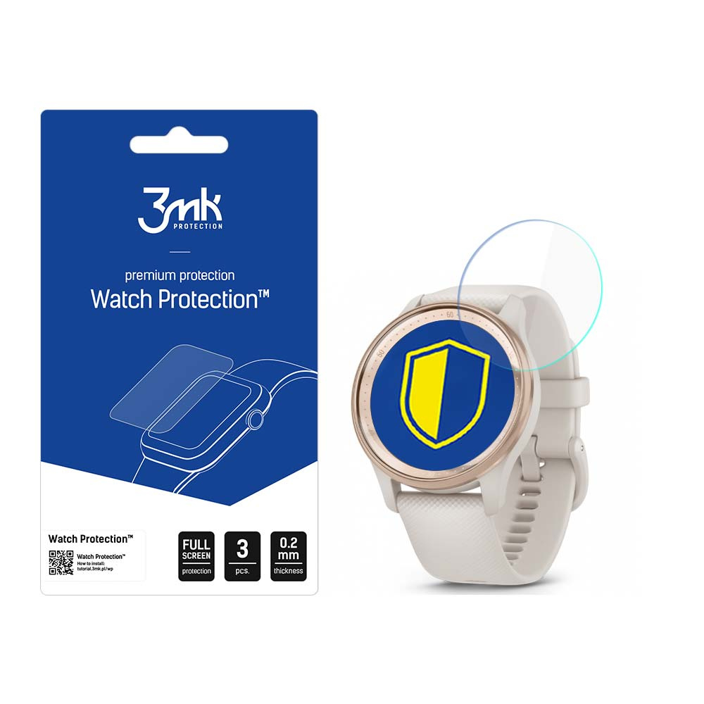 Uno smartwatch con protezione schermo e confezione. La confezione è blu e bianca con il marchio. L'orologio è bianco con display blu.