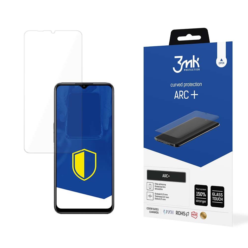Un telefono e una protezione per lo schermo sono accanto a una scatola blu. La scatola pubblicizza la protezione dello schermo e il marchio 3mk.