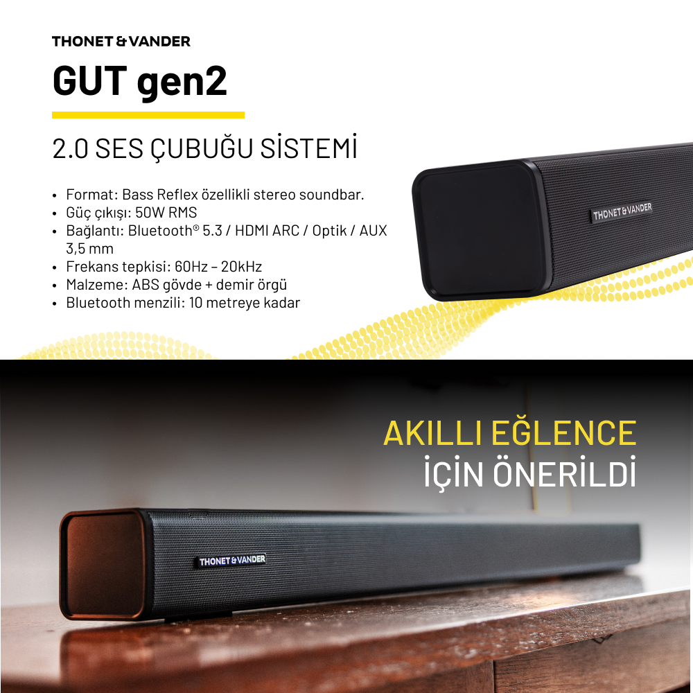 THonet & Vander markalı siyah soundbar ahşap yüzeyde. Metin ürün detaylarını ve özelliklerini içeriyor.