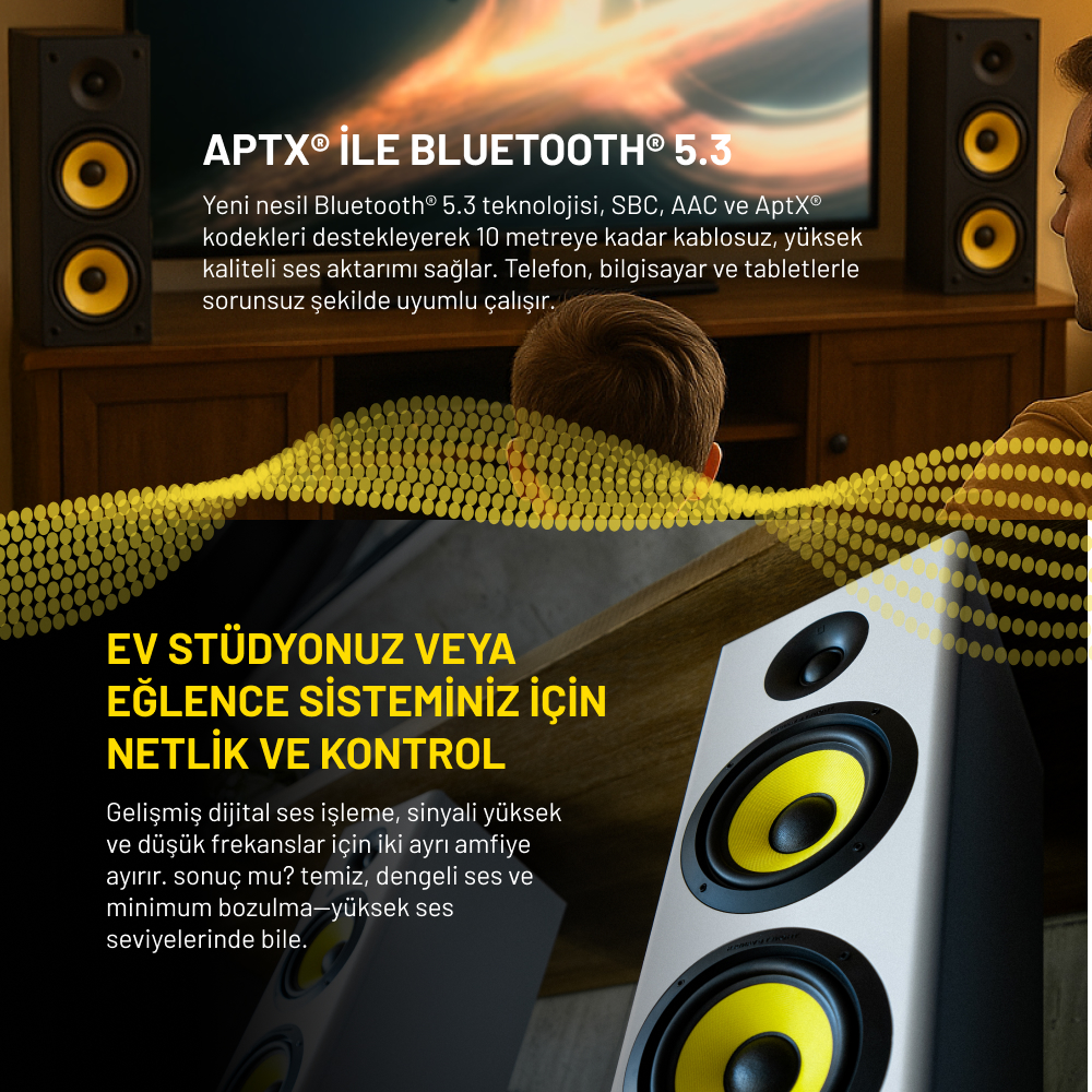 Görsel, sarı detaylara sahip hoparlörleri gösteriyor. Arka planda bir adam var, metin Bluetooth 5.3'ten ve ev stüdyoları için netlikten bahsediyor.