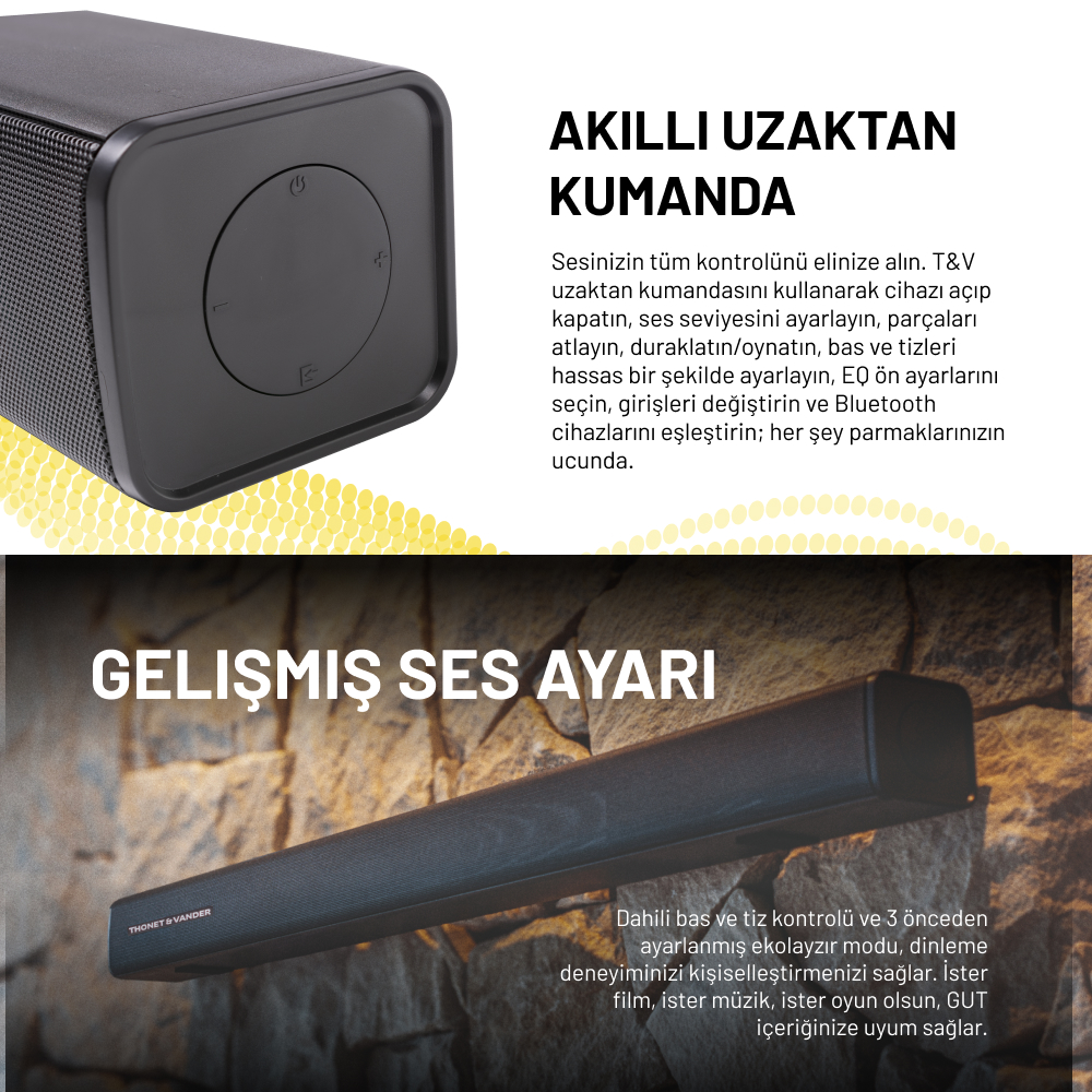 Metinli siyah soundbar. Sol üst: düğmeli hoparlör detayı. Alt: Ses ayarı hakkında metin içeren soundbar.
