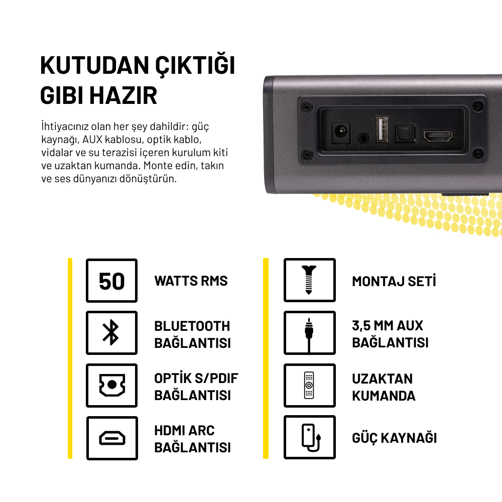 'Bluetooth' ve 'HDMI' dahil olmak üzere bağlantı noktaları, özellik simgeleri ve Türkçe metin içeren bir soundbar.