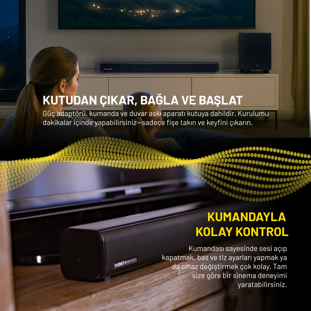 Bir kadın ve bir çocuk bir televizyonun önünde. Dolapta bir soundbar ve bir subwoofer var. Türkçe metin.