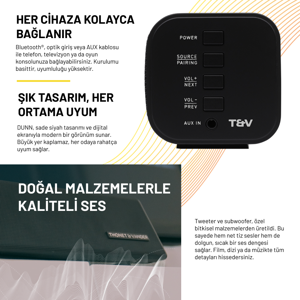 Düğmeleri olan siyah hoparlör. Türkçe metin, özellikleri ve tasarımı açıklıyor. Thonet & Vander marka adını içerir.