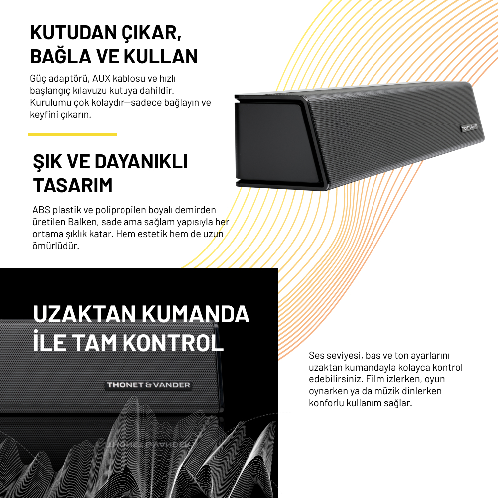 Beyaz zemin üzerinde siyah bir hoparlör. Türkçe metin, uzaktan kumanda ve dayanıklı tasarım gibi özellikleri açıklıyor.
