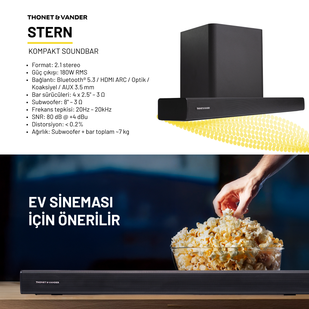 Patlamış mısır ve ona uzanan bir el ile soundbar ve subwoofer seti. 'EV SINEMASI ICIN ONERILIR' metni görünür.