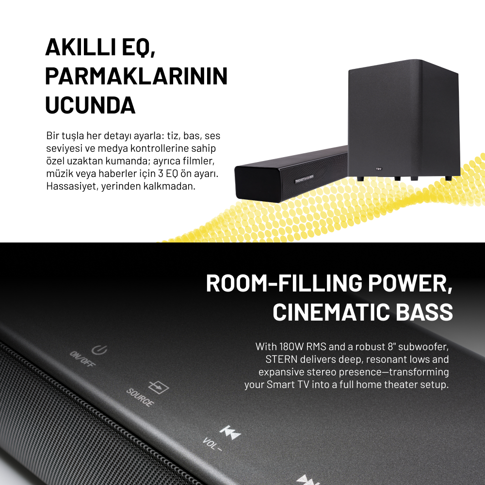 Görüntüde, EQ kontrolü ve ev sineması kurulumu hakkında metin içeren, siyah bir soundbar ve subwoofer yer alıyor.