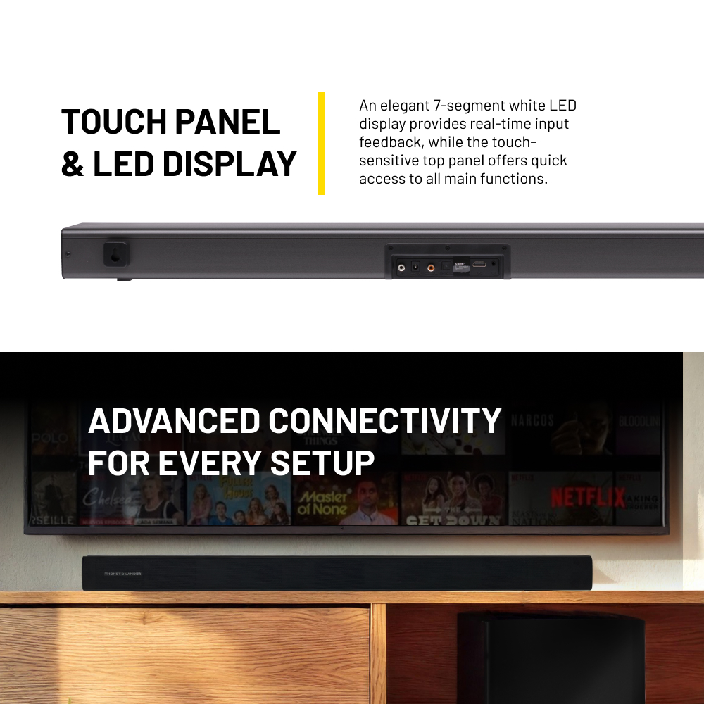 Dokunmatik panelli ve LED ekranlı bir soundbar, ahşap bir dolabın üzerinde, arka planda film afişleriyle.