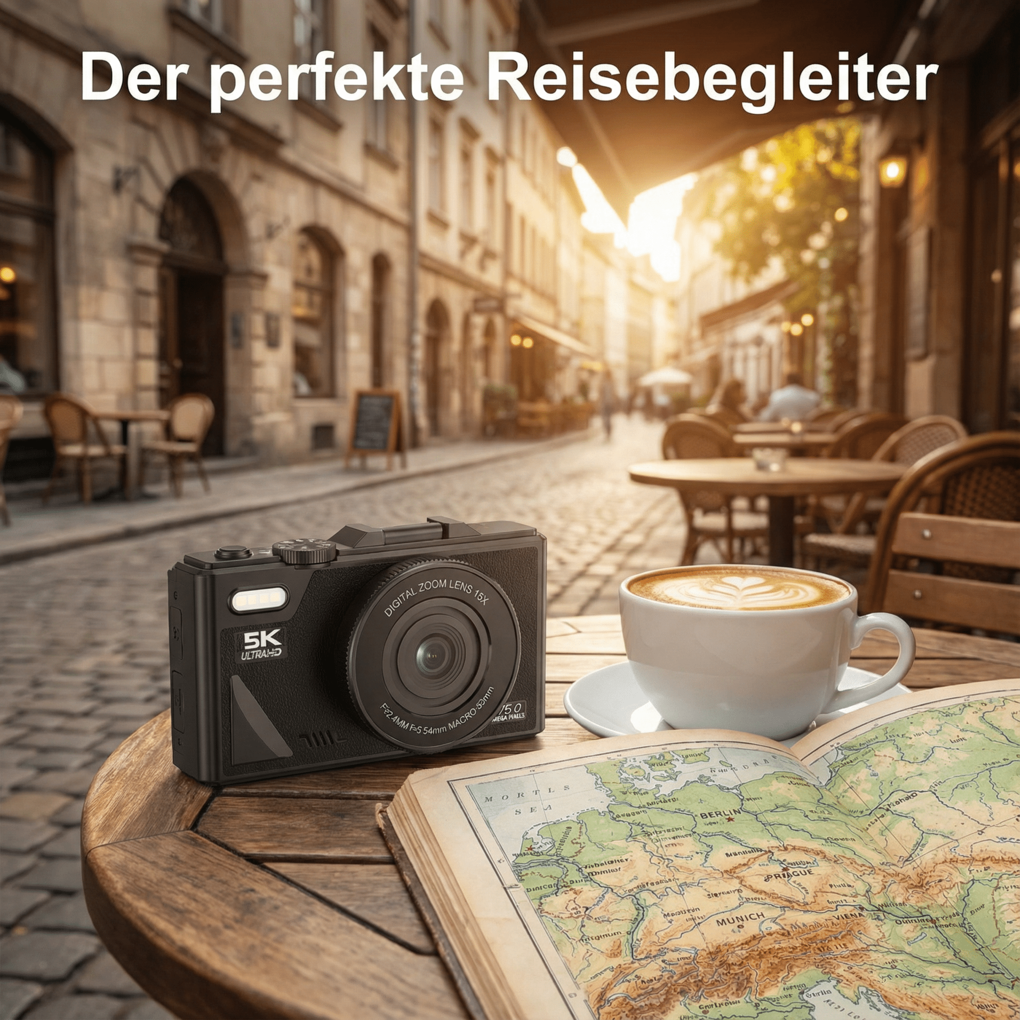 Kamera, Kaffeetasse und Karte auf einem Tisch vor einer Straße. Die Szene wird von Sonnenlicht beleuchtet.