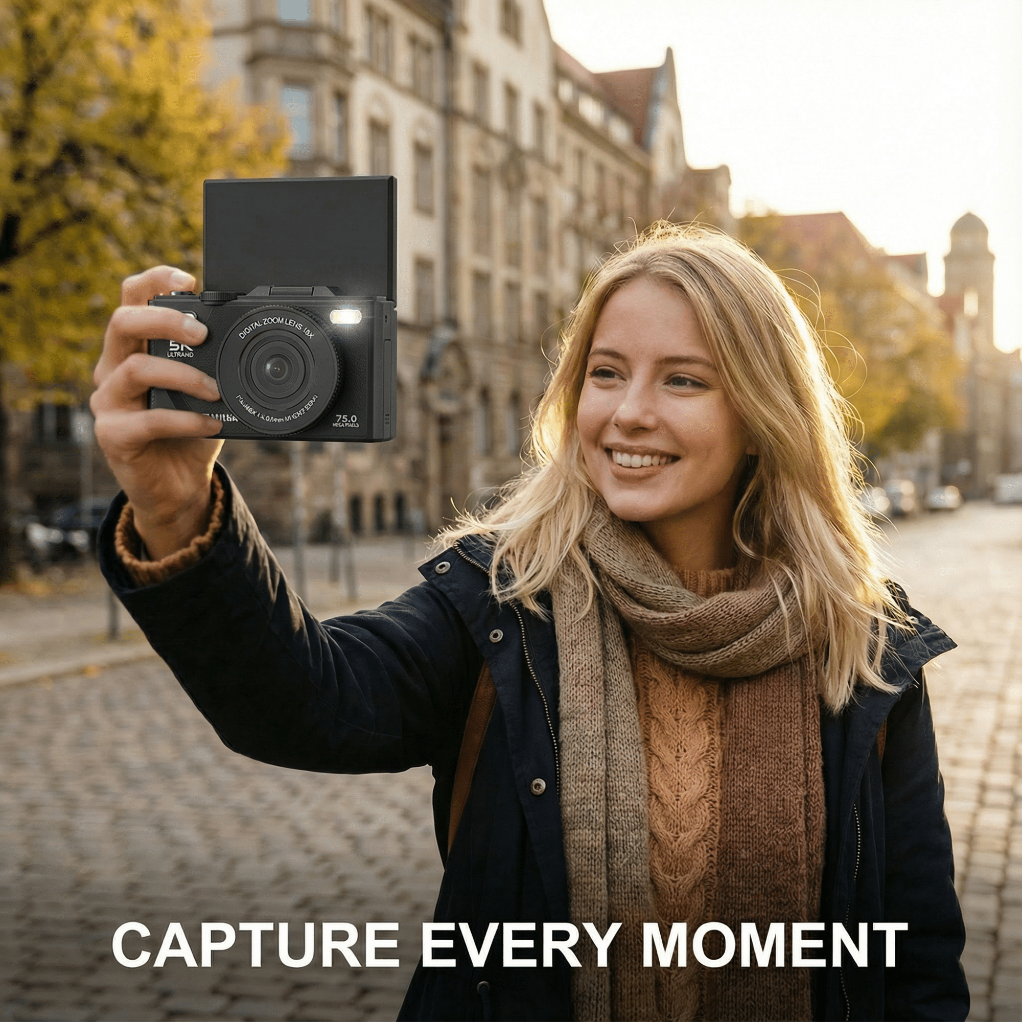 Frau macht Selfie mit schwarzer Kamera. Sie lächelt, im Hintergrund Gebäude und Bäume.