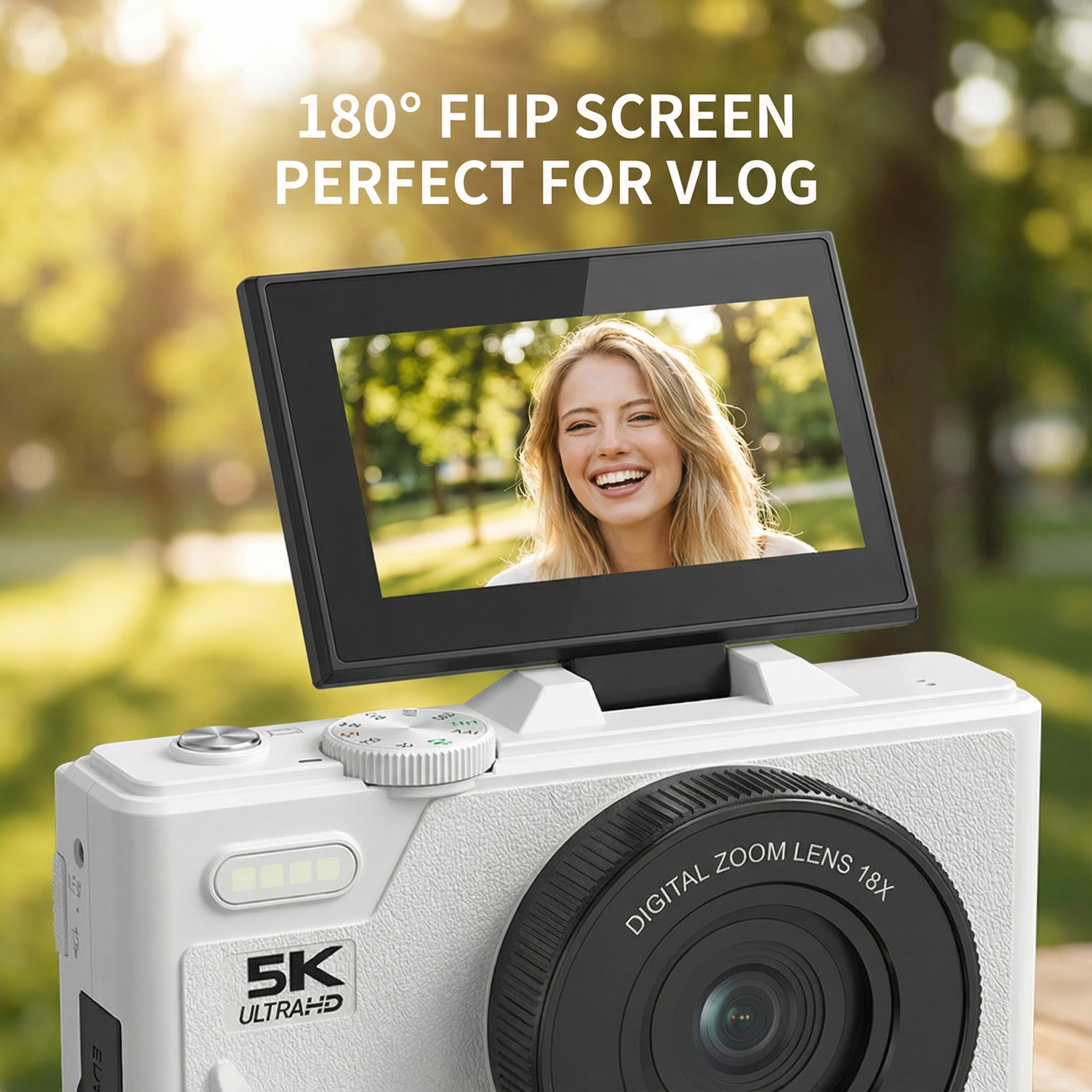Weiße Kamera mit Flip-Screen, der eine lächelnde Frau zeigt. Text: 180° Flip-Screen, perfekt für Vlogs.