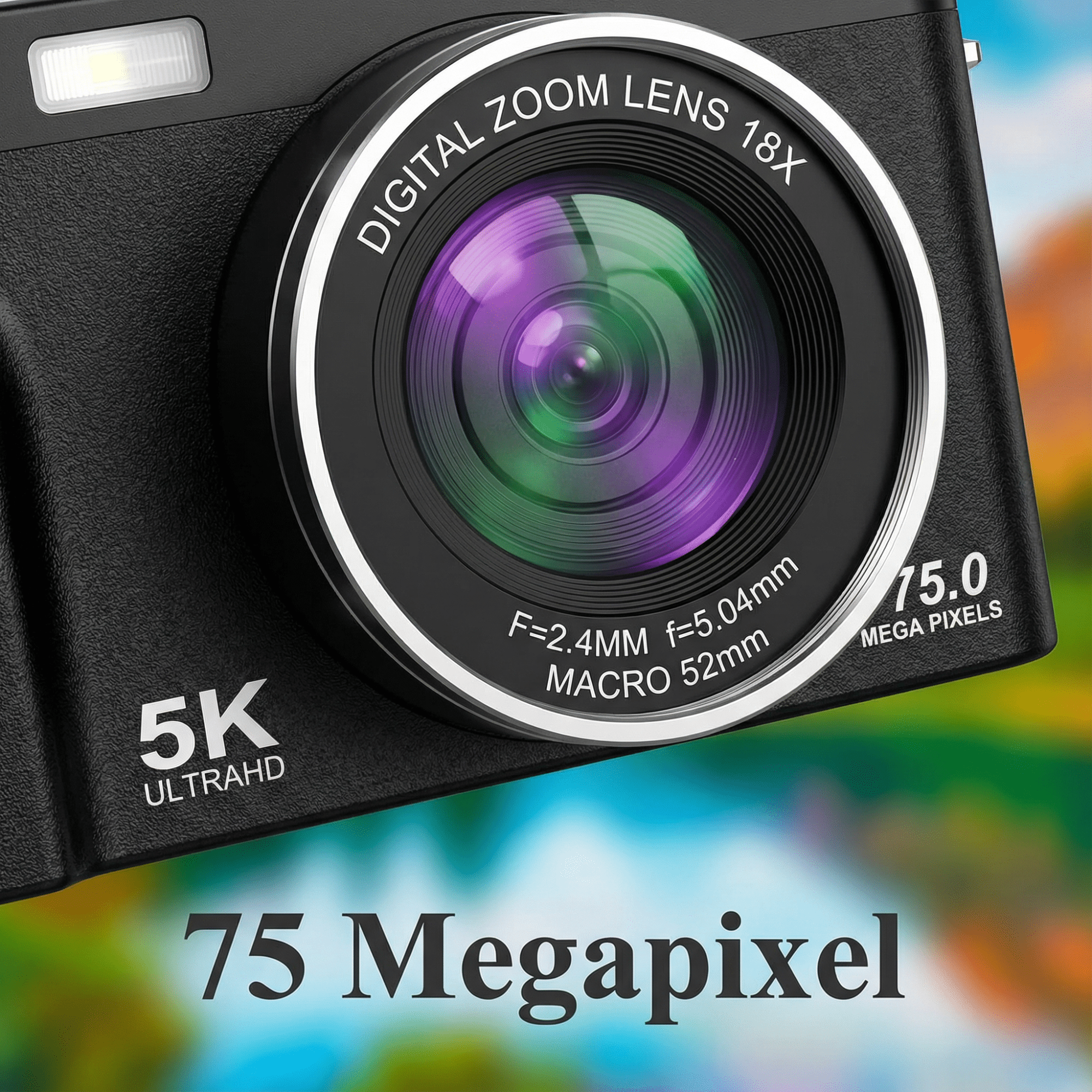 Nahaufnahme einer schwarzen Kamera mit großem Objektiv. Auf der Kamera steht '75 Megapixel', '5K ULTRAHD' und 'DIGITAL ZOOM LENS 18X'.