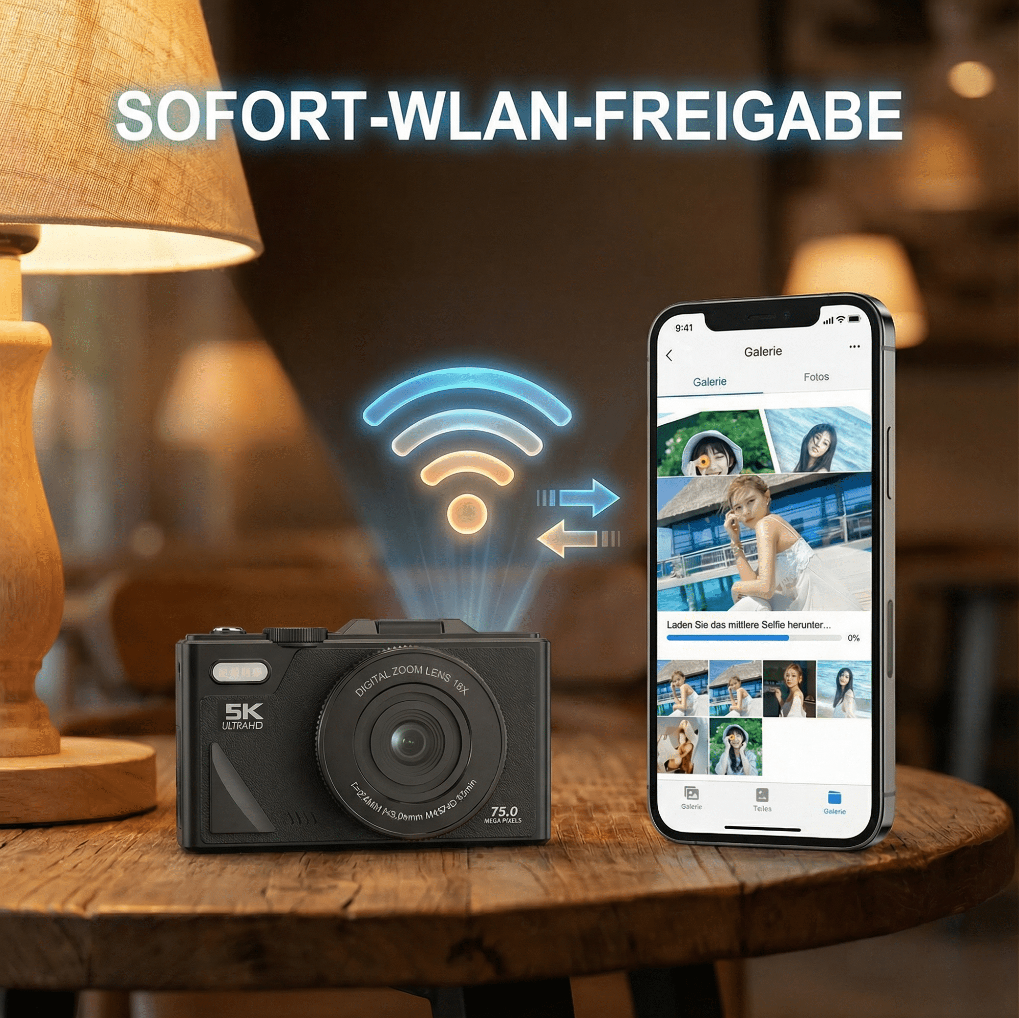 Eine Kamera neben einem Telefon, das Fotos zeigt. WLAN-Symbol dazwischen. Text lautet SOFORT-WLAN-FREIGABE.