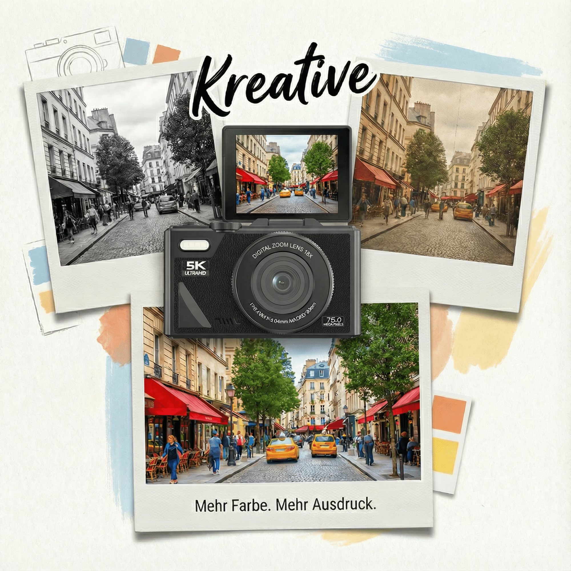 Eine Kamera zeigt eine Straßenszene. Das Bild enthält Fotos der Straße, eine Kamera und das Wort 'Kreative'.