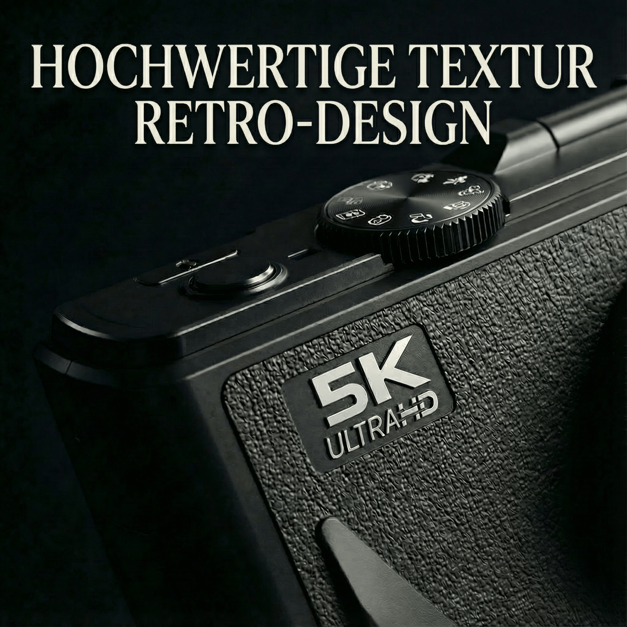 Nahaufnahme einer schwarzen Kamera mit strukturierter Oberfläche. Sie hat ein Rad, Knöpfe und ein 5K Ultra HD Logo.
