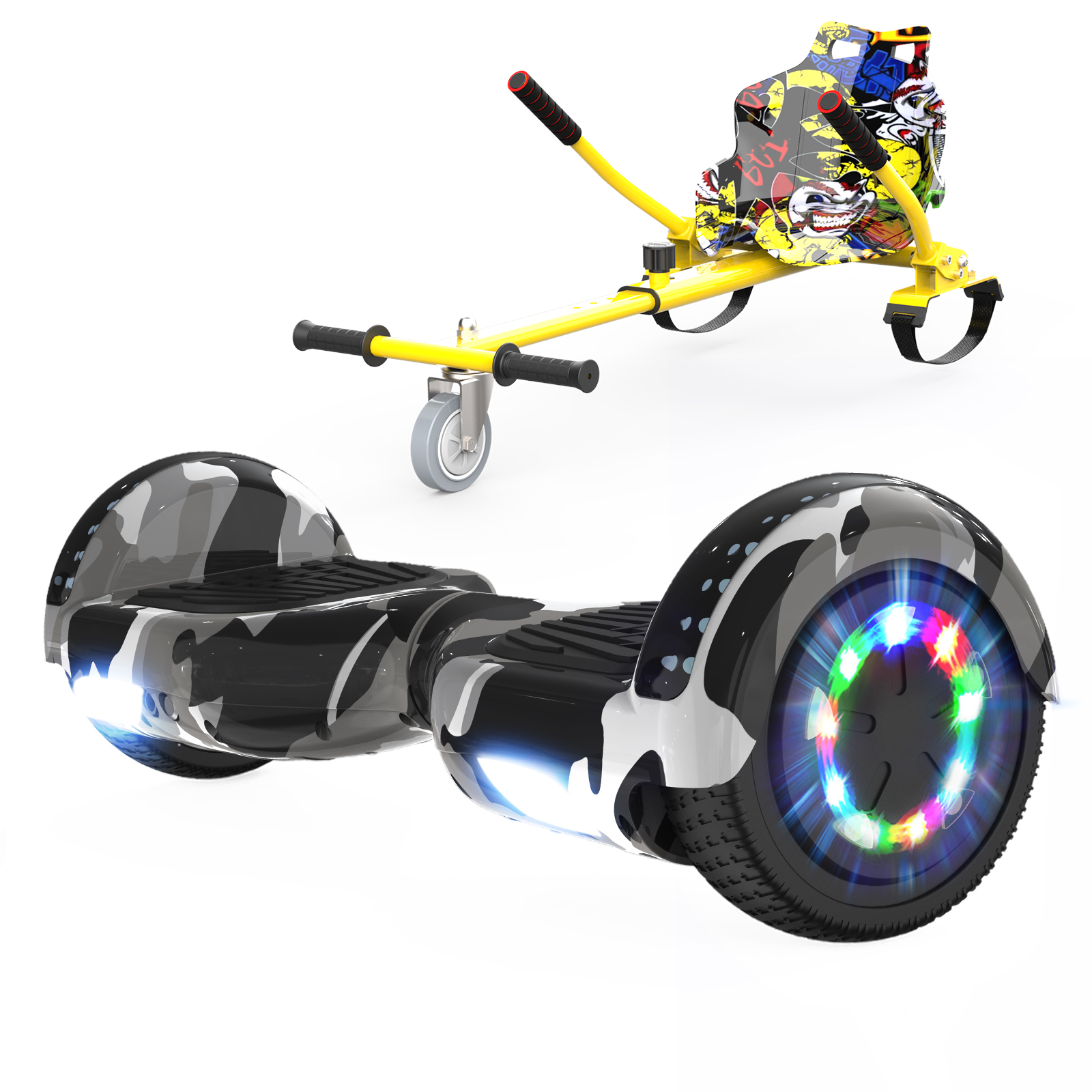 Ein gelbes Go-Kart und ein schwarz-weißes Hoverboard vor weißem Hintergrund. Das Hoverboard hat bunte Lichter.
