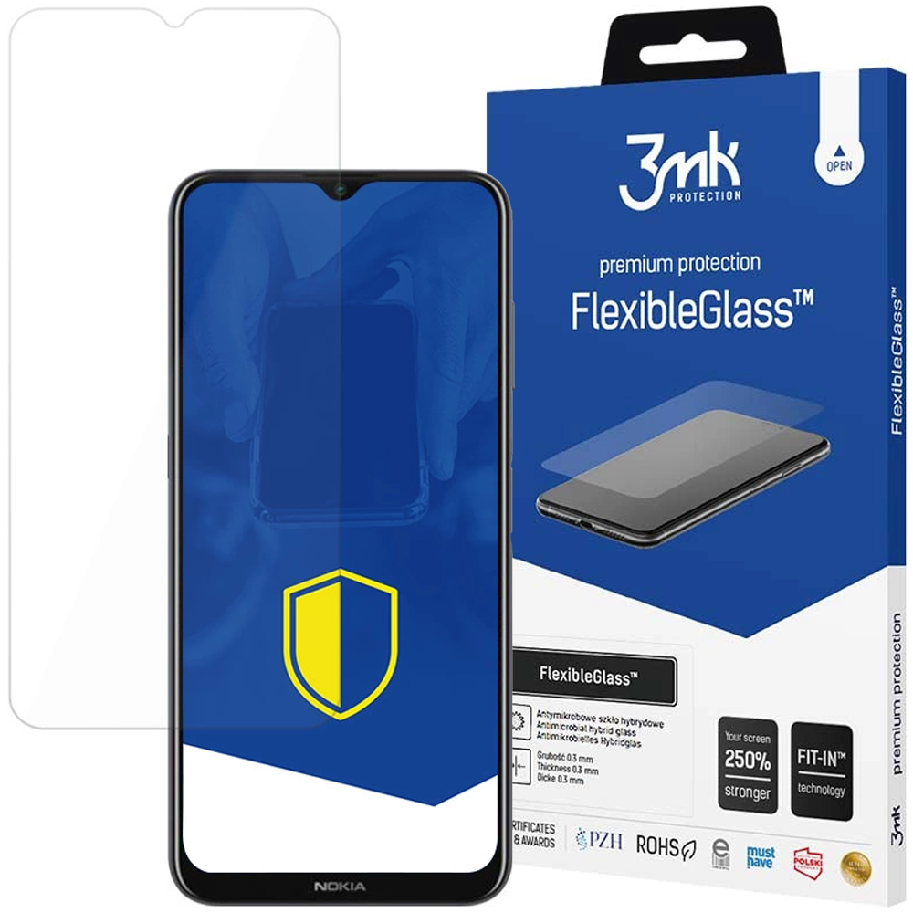 Un proteggi schermo e un telefono. La confezione mostra il proteggi schermo e il marchio: FlexibleGlass.