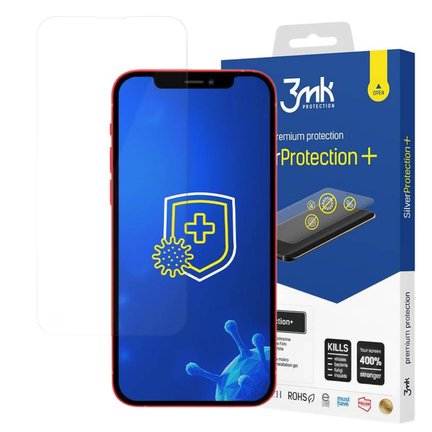 Ochraniacz ekranu telefonu i pudełko. Ekran telefonu pokazuje tarczę ze znakiem plus i wirusem. Pudełko ma tekst.