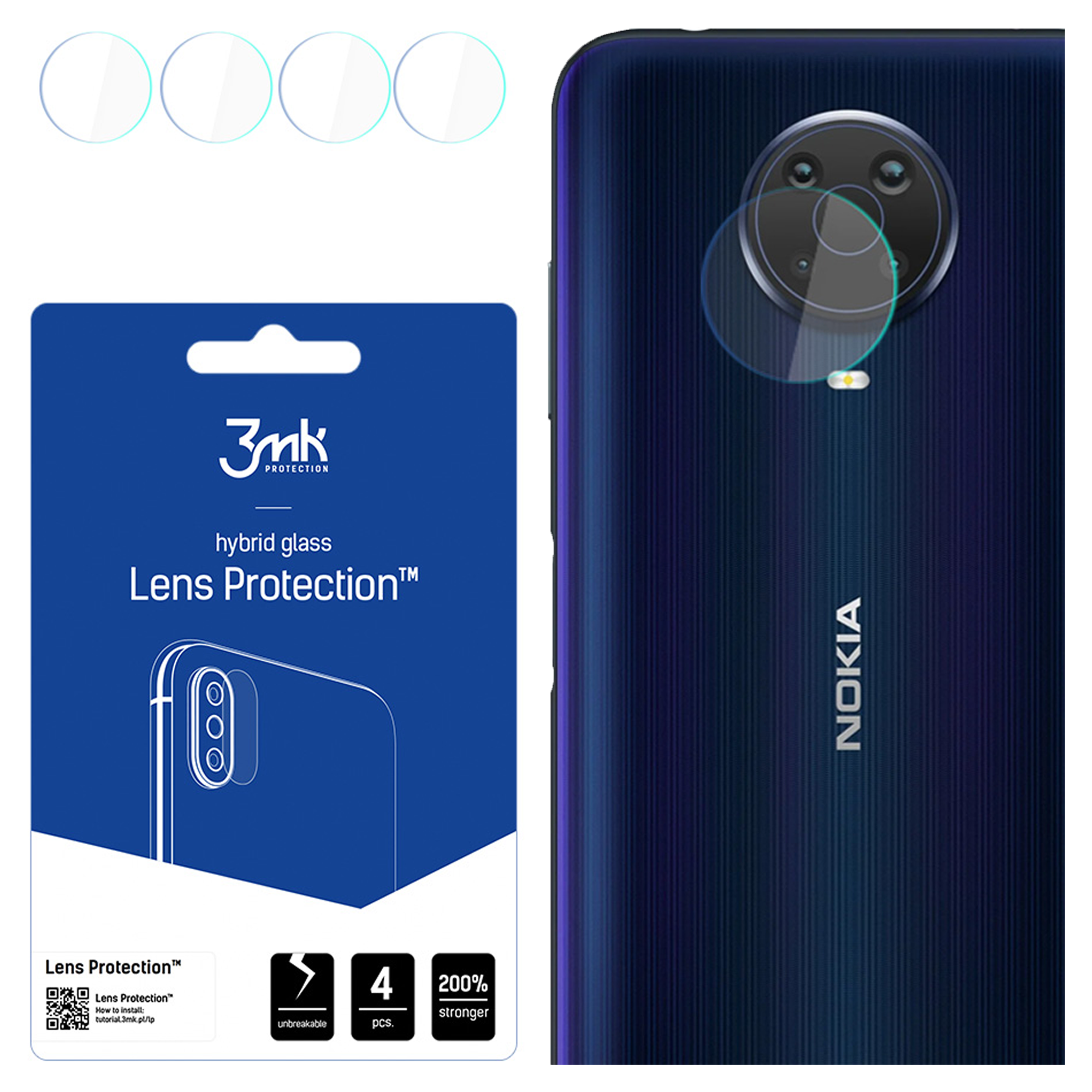 La imagen muestra un teléfono con protectores de lente. Un paquete con protección de lente está a la izquierda. Nokia está escrito en el teléfono.