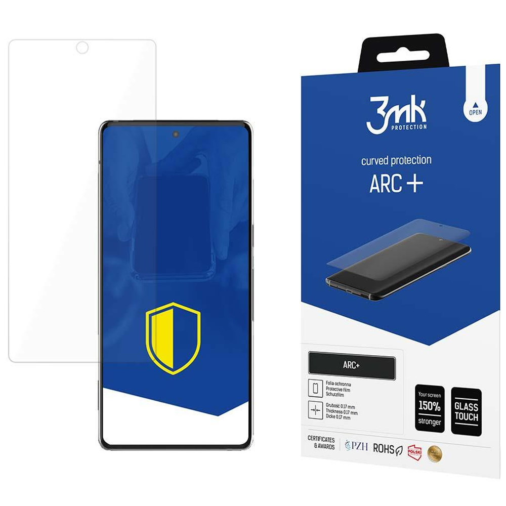 Ochraniacz ekranu i telefon są wyświetlane na niebieskim tle. Ochraniacz jest w pudełku. Telefon jest po lewej stronie.