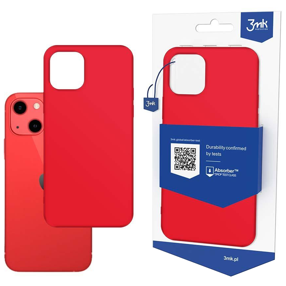Czerwone etui na telefon i iPhone po lewej. Zapakowane czerwone etui po prawej, z niebieską etykietą i logo 3mk.