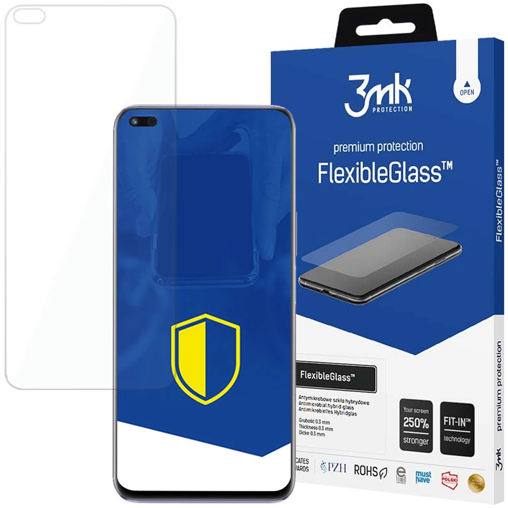 Un proteggi schermo e una scatola. Sulla scatola c'è scritto 'FlexibleGlass' e '3mk Protection'.