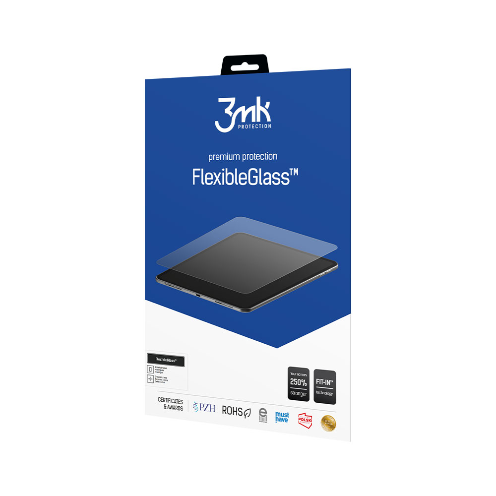 Una scatola del prodotto per la protezione dello schermo FlexibleGlass. Mostra un tablet con una protezione dello schermo, con marchio e certificazioni.
