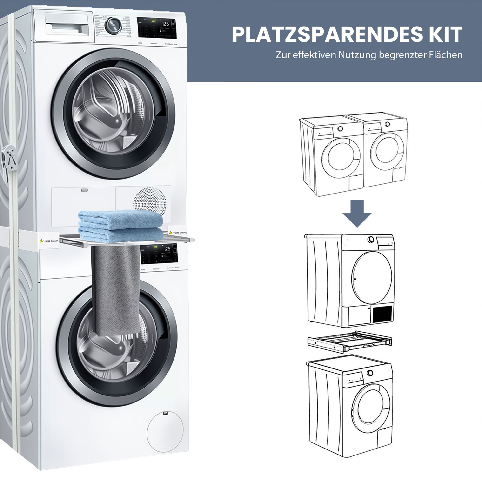 Gestapelte weiße Waschmaschine und Trockner mit einem Regal. Blaue Handtücher liegen auf dem Regal. Der Text lautet Platzsparendes Kit.