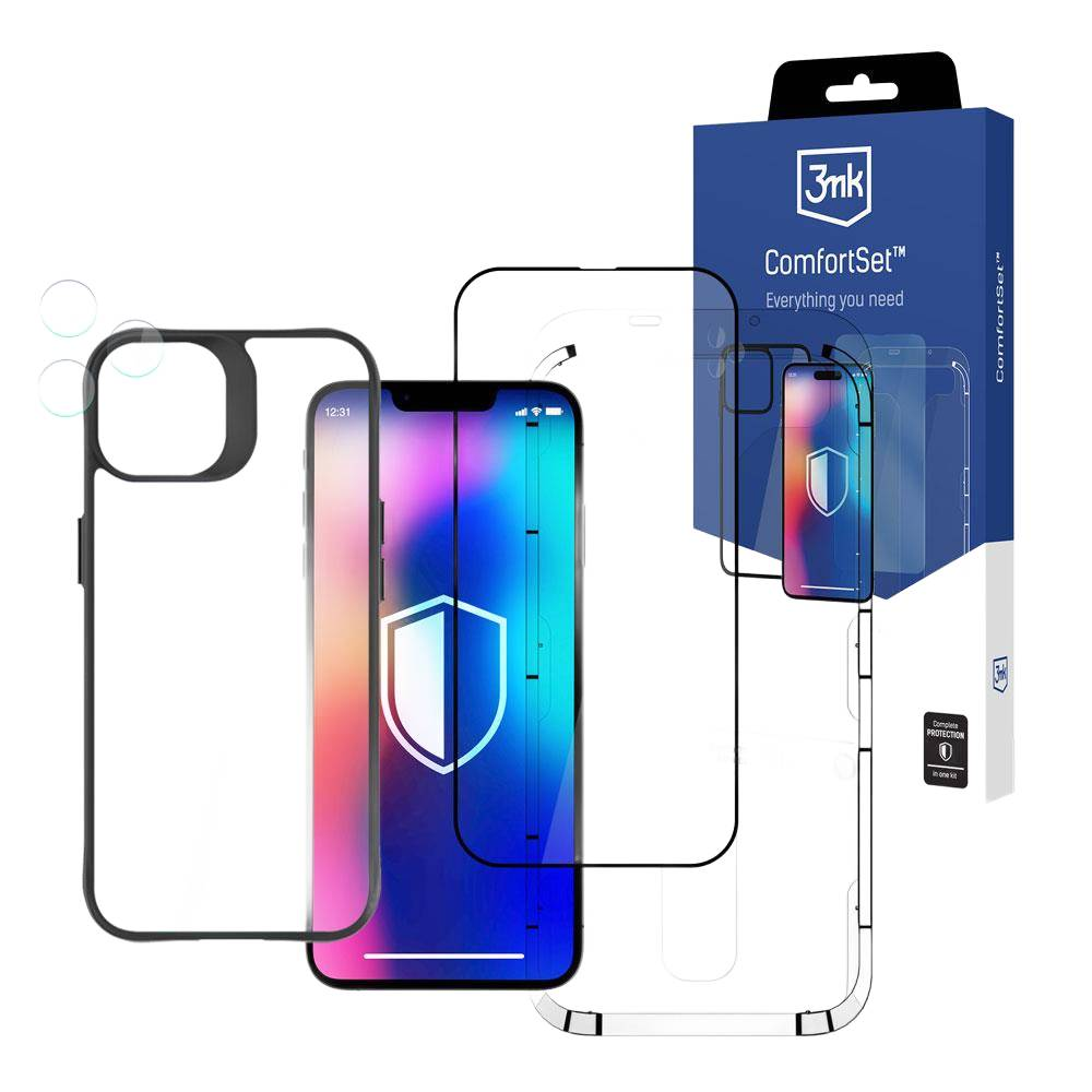 Un telefono con protezione schermo, custodia trasparente e scatola ComfortSet con marchio su sfondo bianco.