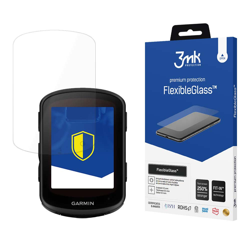 Un dispositivo Garmin con protezione schermo e una scatola 3mk FlexibleGlass. La scatola è blu, lo schermo ha un logo a scudo.
