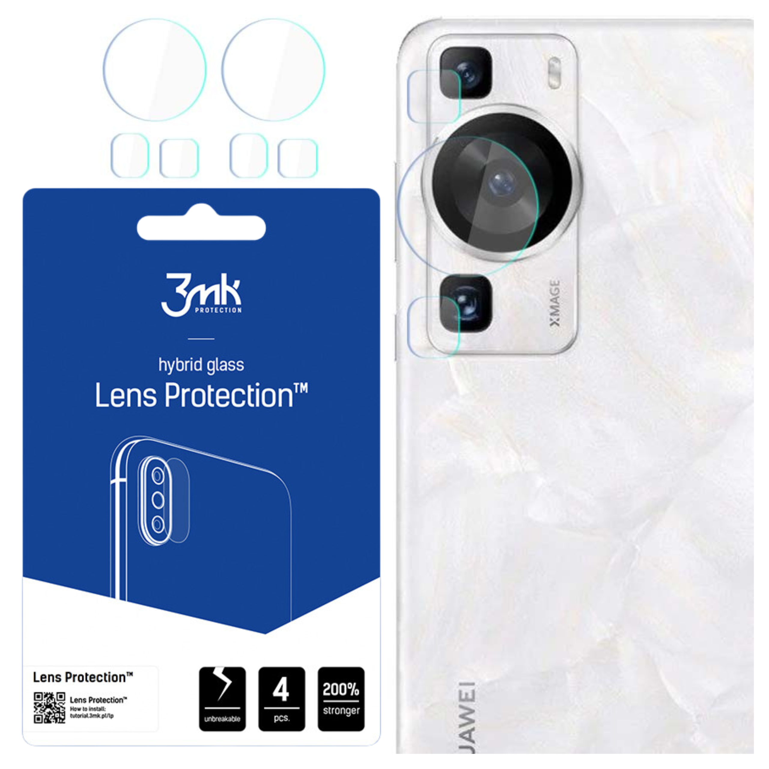 Se muestran un teléfono y protectores de lentes. Los protectores son transparentes y el teléfono tiene la parte trasera blanca.