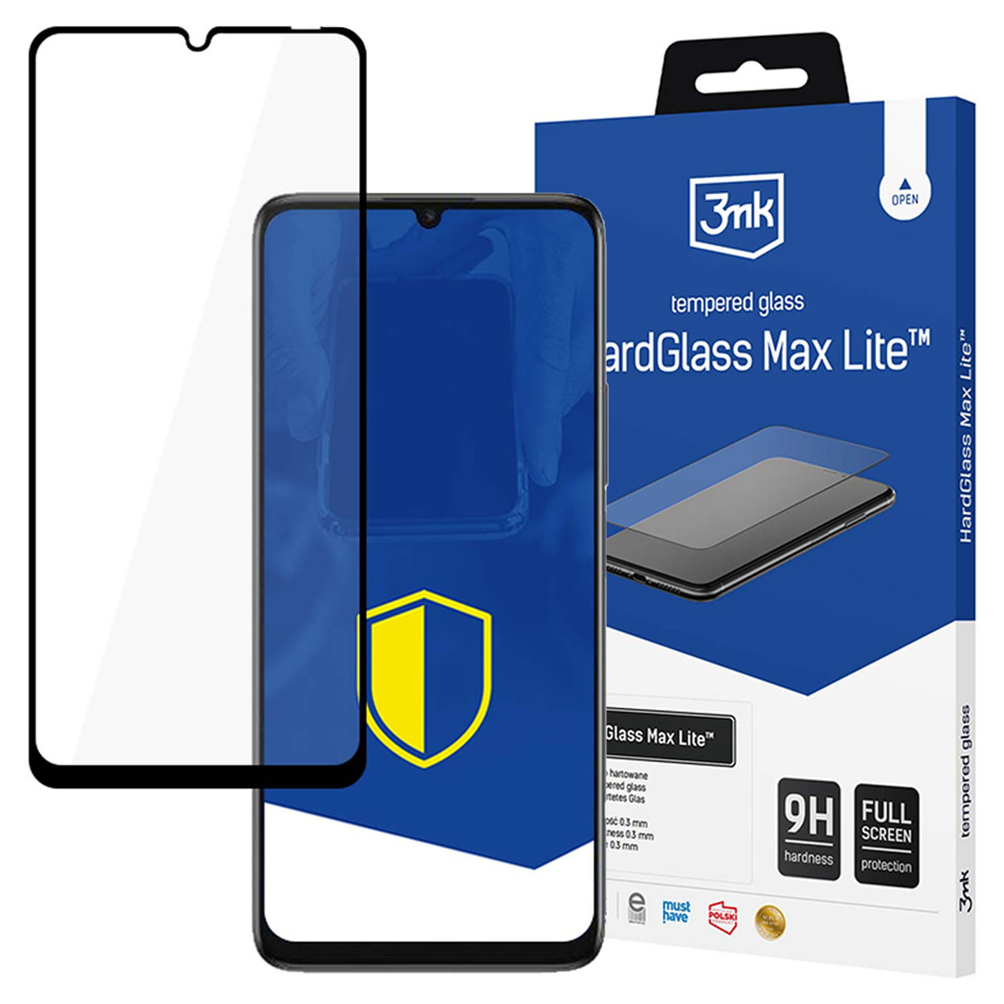 Un proteggi schermo e un telefono accanto a una scatola blu e bianca. La scatola dice 'HardGlass Max Lite'.