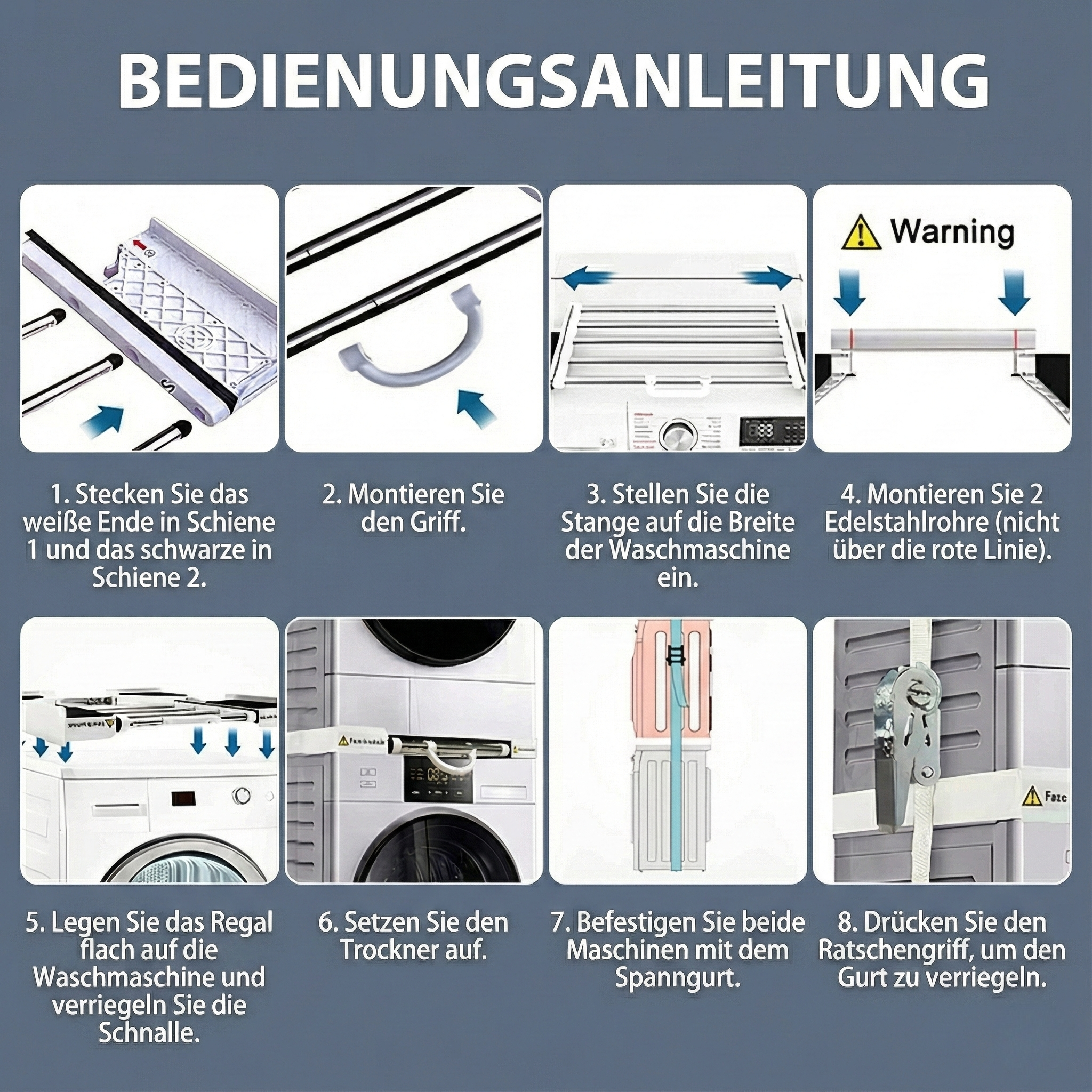 Anleitung mit nummerierten Schritten und Diagrammen zur Montage einer Maschine.