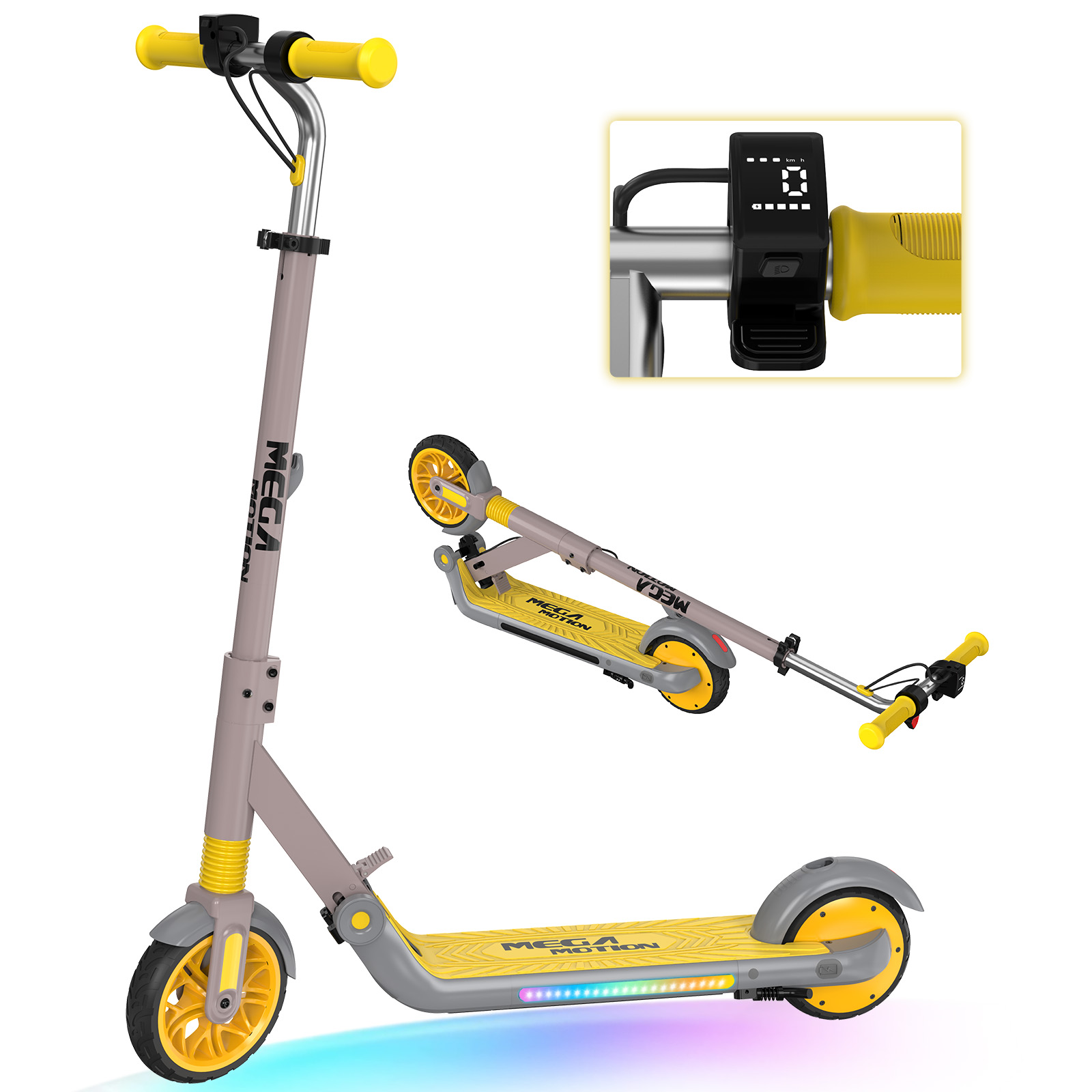 Pokazano hulajnogę elektryczną z szarymi i żółtymi akcentami. Zbliżenie pokazuje cyfrowy wyświetlacz na kierownicy.